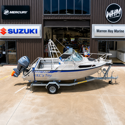 Elevated view of the Ramco Fishmaster 580 showcasing the complete fishing package on its galvanised trailer outside Warren Hay Marine.