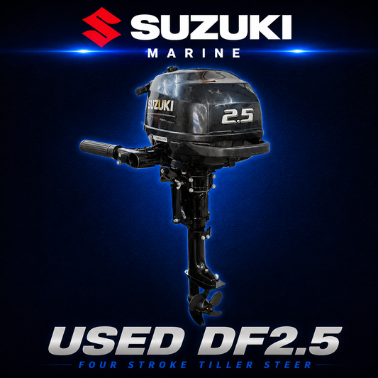 Used Suzuki DF2.5 four stroke tiller steer outboard motor with low hours
