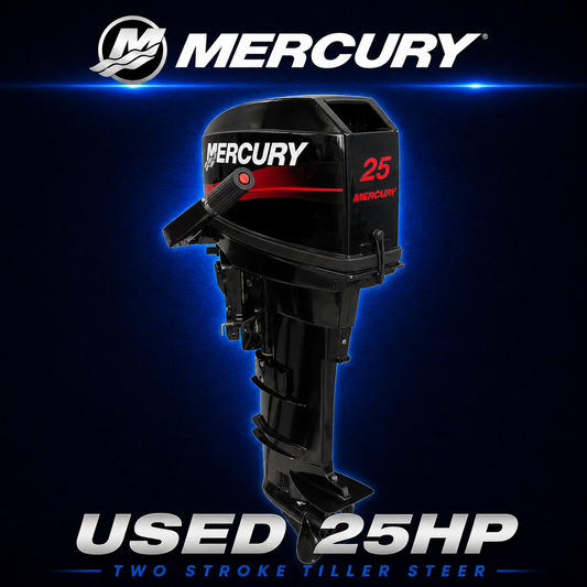 Used Mercury 25hp two stroke tiller steer outboard motor at Warren Hay Marine Whangārei