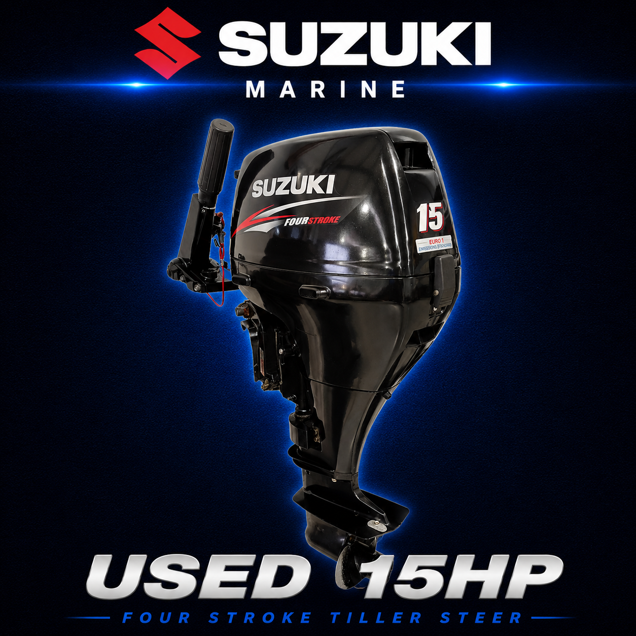 Used Suzuki 15hp Four Stroke tiller steer outboard motor at Warren Hay Marine Whangārei