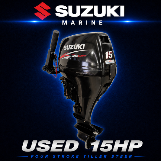 Used Suzuki 15hp Four Stroke tiller steer outboard motor at Warren Hay Marine Whangārei