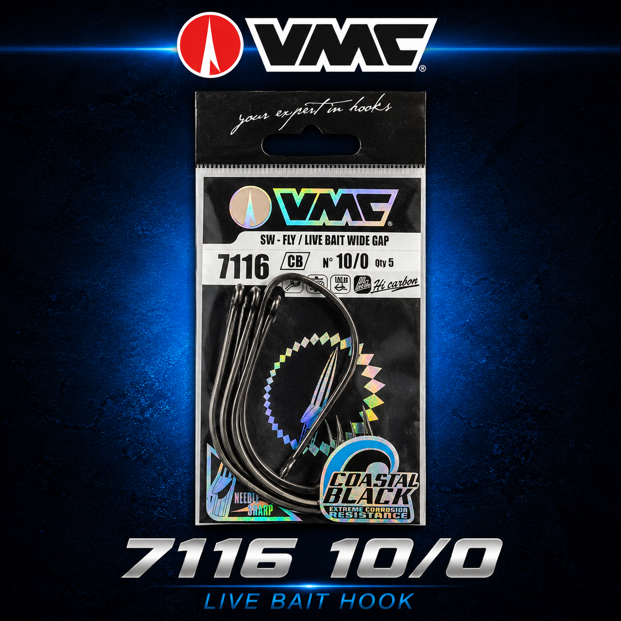 VMC 7116CB Coastal Black 10/0 live bait fishing hooks with corrosion-resistant finish and wide-gap design for offshore game fishing in New Zealand.