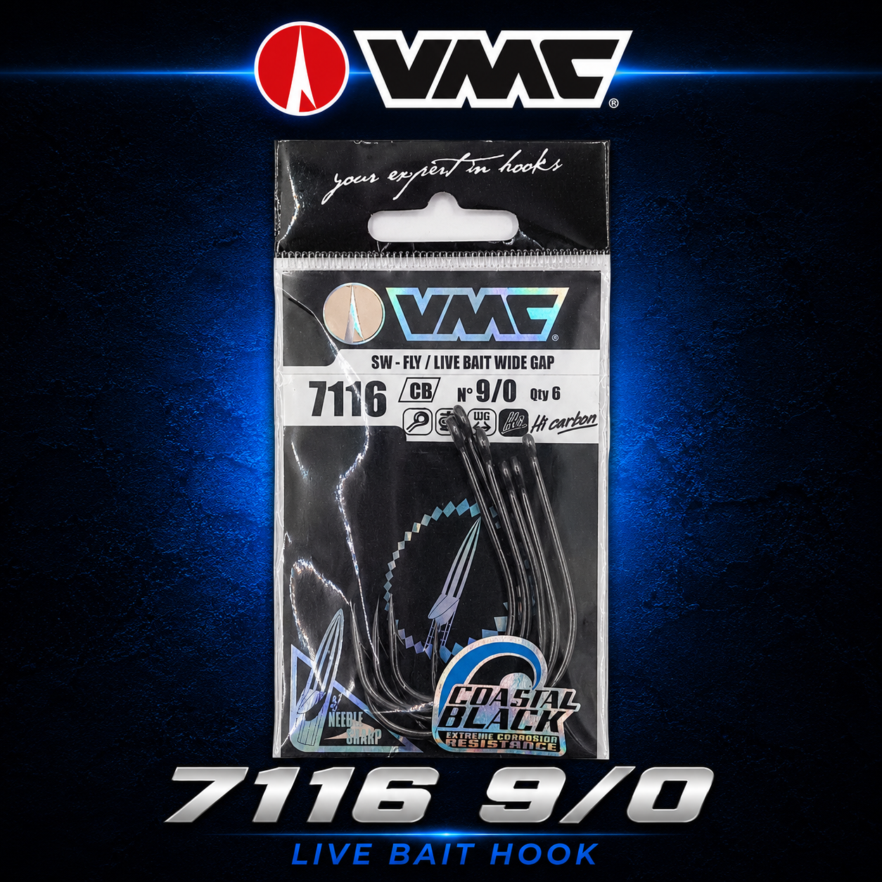 VMC 7116CB Coastal Black 9/0 live bait fishing hooks with corrosion-resistant finish and wide-gap design for offshore game fishing in New Zealand.