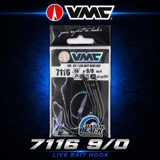 VMC 7116CB Coastal Black 9/0 live bait fishing hooks with corrosion-resistant finish and wide-gap design for offshore game fishing in New Zealand.