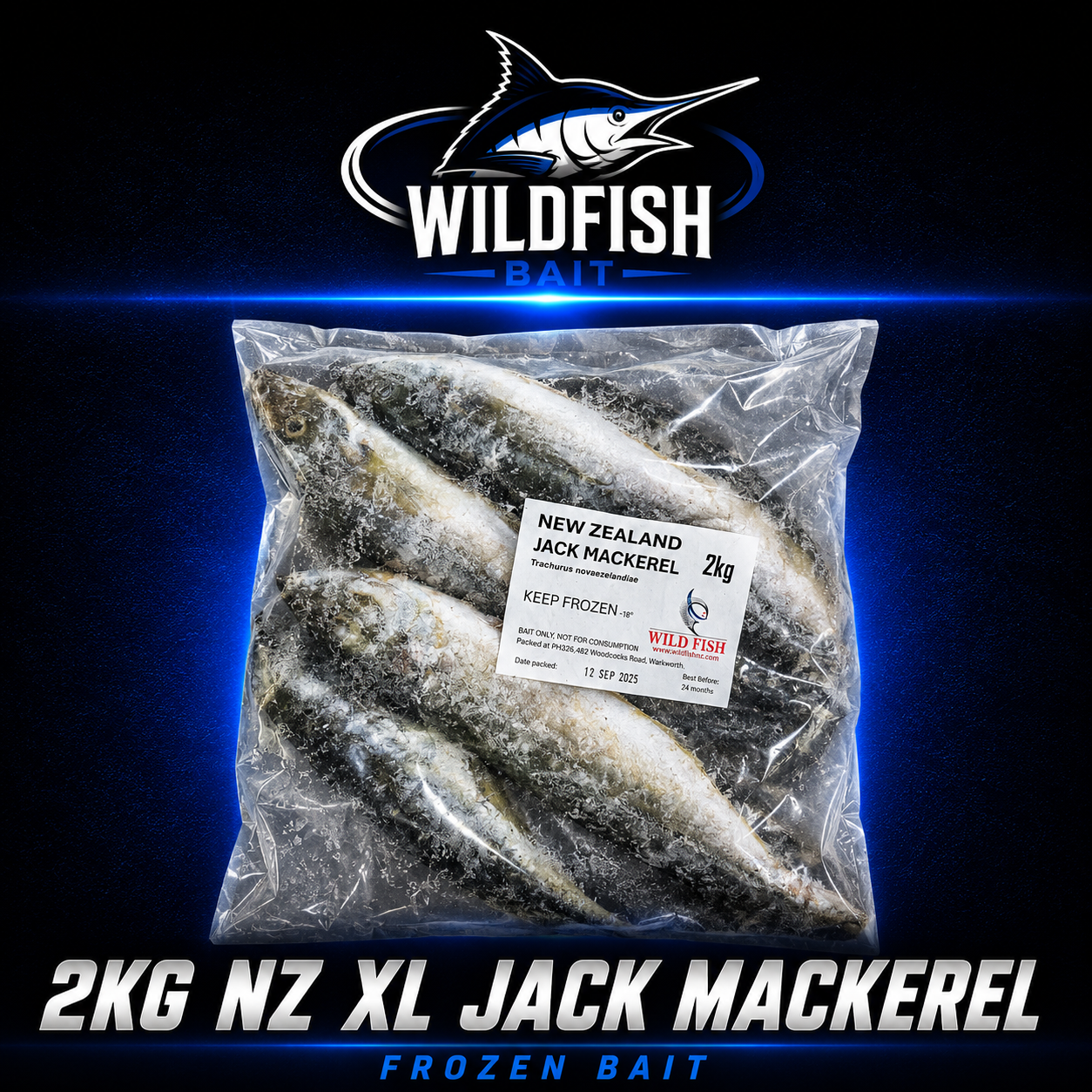 Wild fish 2kg NZ caught XL Jack Mackerel frozen bait