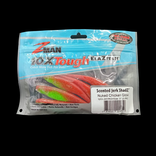 A package of Zman Scented Jerkshad 5 inch Nuked Chicken Glow fishing lures 