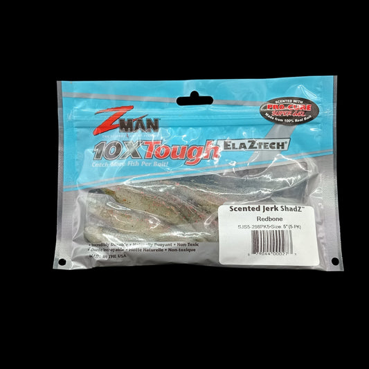 Packaged Zman Scented Jerkshad fishing lure in red bone color