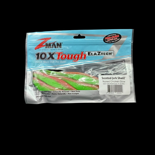 Packaged Zman Jerk ShadZ fishing lure, Nuked Chicken Glow