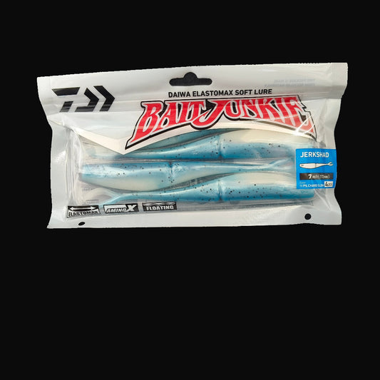 Pilchard glow “Daiwa Bait Junkie Jerkshad 7 inch soft bait – lifelike baitfish profile with forked tail”