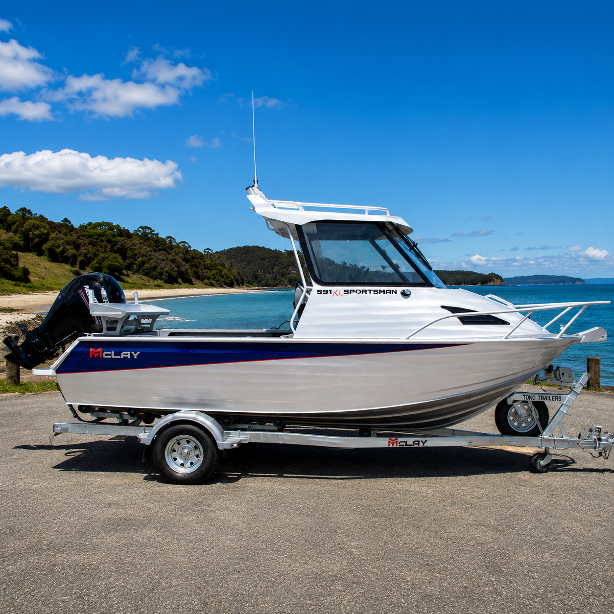 The McLay Sportsman 591 HT combines offshore capability, hardtop protection, and a spacious fishing cockpit. Built for New Zealand conditions and available from Warren Hay Marine.