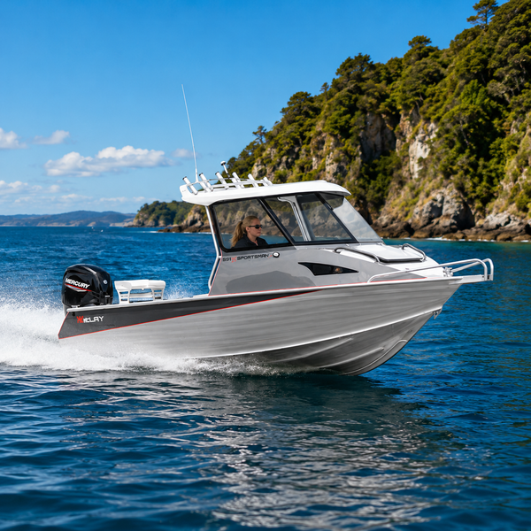 McLay Sportsman 591 HT aluminium hardtop fishing boat powered by a Mercury outboard underway in coastal waters.