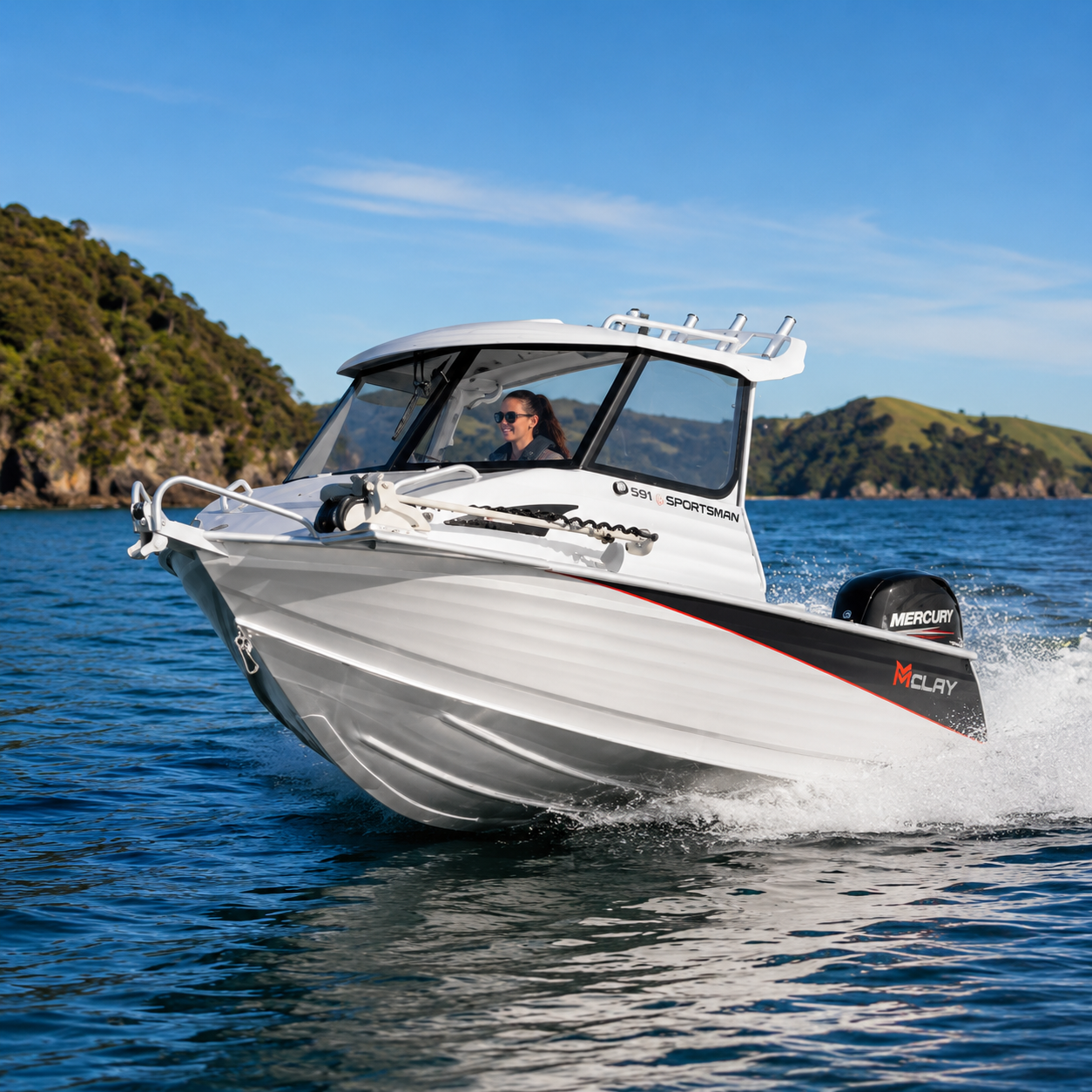 McLay Sportsman 591 HT hardtop boat showcasing offshore performance, stability, and New Zealand-built alloy construction.