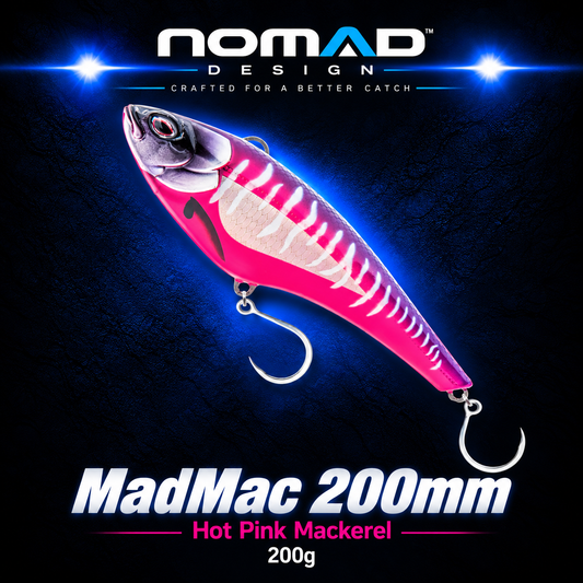 Nomad Design MadMac 200mm Hot Pink Mackerel 200g high-speed trolling lure with vivid pink and silver mackerel finish and twin single hooks.