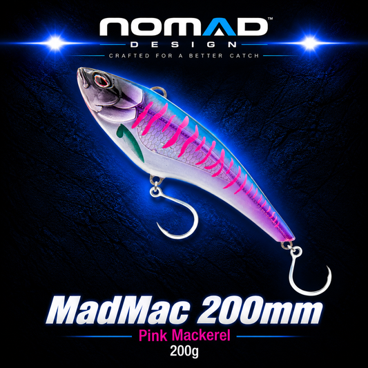 Nomad Design MadMac 200mm Pink Mackerel 200g high-speed trolling lure with blue, silver and pink mackerel finish and twin single hooks.