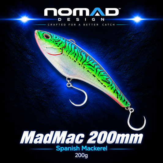 Nomad Design MadMac 200mm Spanish Mackerel 200g high-speed trolling lure with green and blue mackerel pattern and twin single hooks.