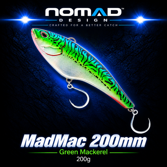Nomad Design MadMac 200mm Green Mackerel 200g high-speed trolling lure with green, blue and silver mackerel pattern and twin single hooks.