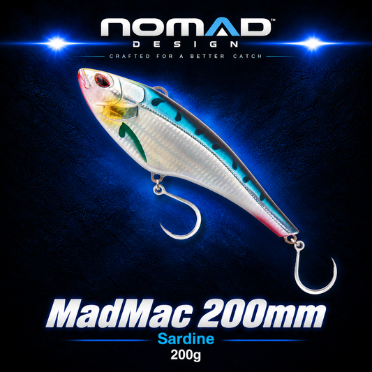 Nomad Design MadMac 200mm Sardine 200g high-speed trolling lure with holographic sardine finish and twin single hooks.